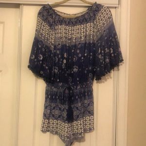 Anthropologie off the shoulder romper. Blue and white design with Pom poms